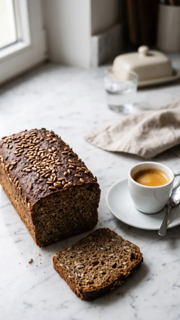 Schwarzbrot serviert mit Espresso — eine abgeschnittene, saftige Brotscheibe offenbart das dichte Korngefüge von innen.