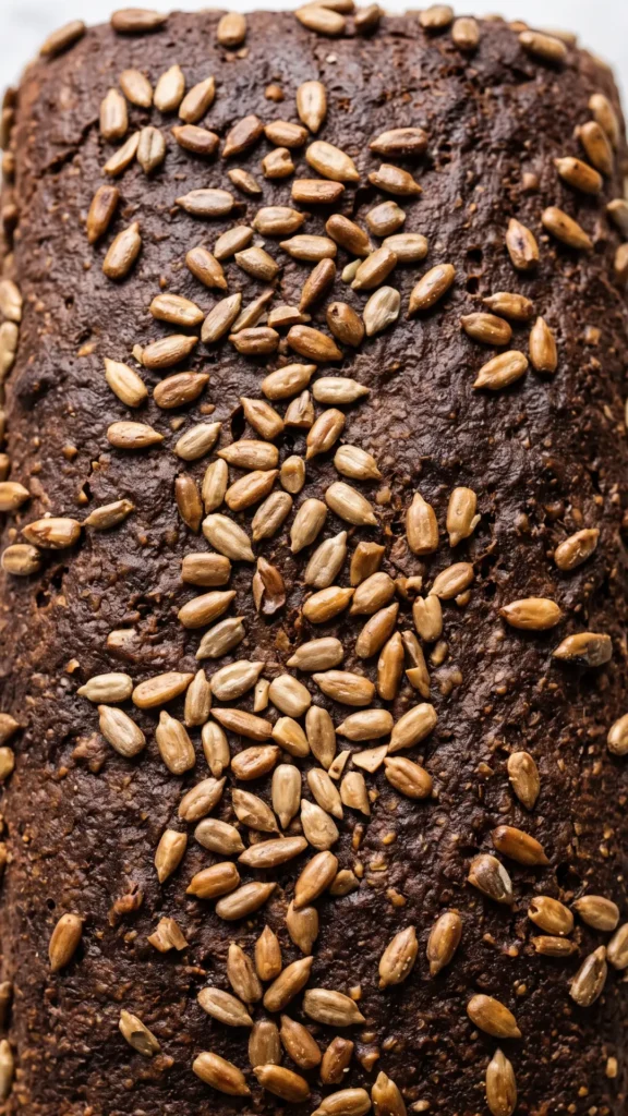 Nahaufnahme von Schwarzbrot — detailreiche Struktur der dunklen Kruste und der gerösteten Sonnenblumenkerne.