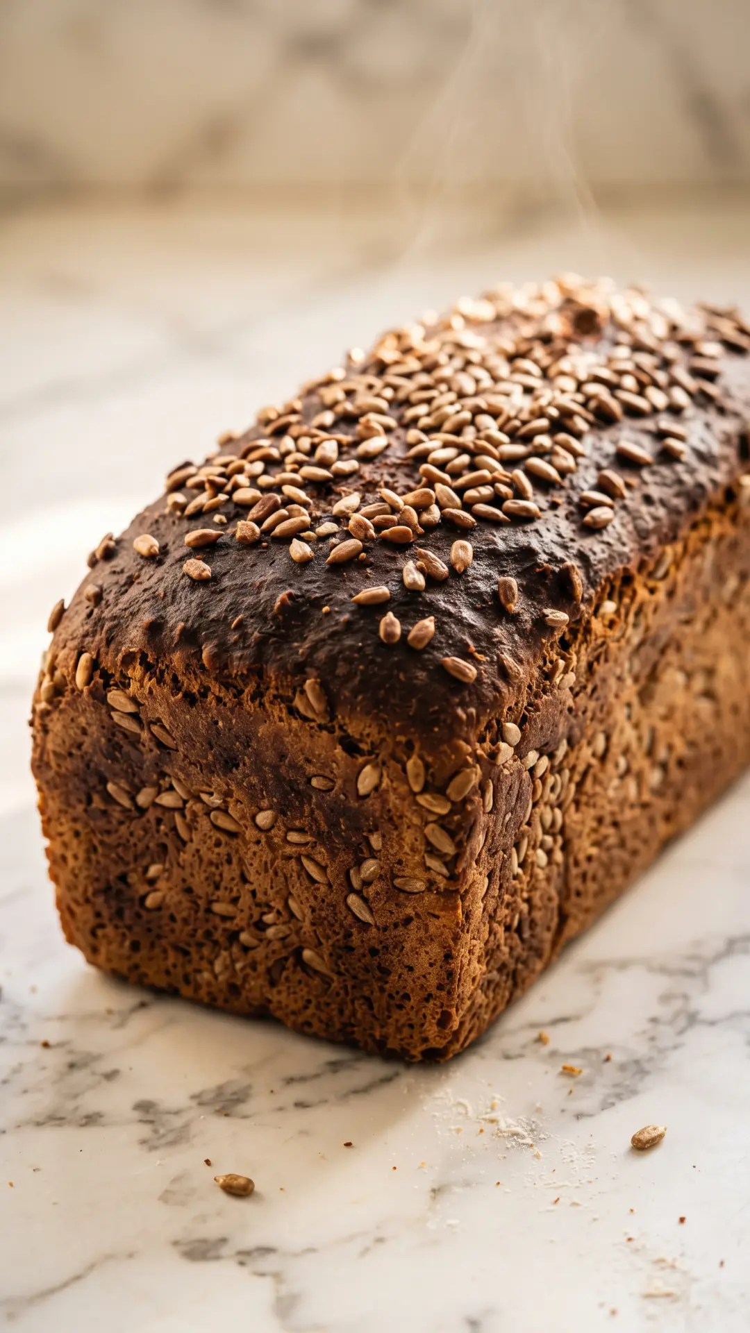 Schwarzbrot frisch gebacken aus der Froschperspektive — plastische und kraftvolle Ansicht des rustikalen Kastenbrotes.