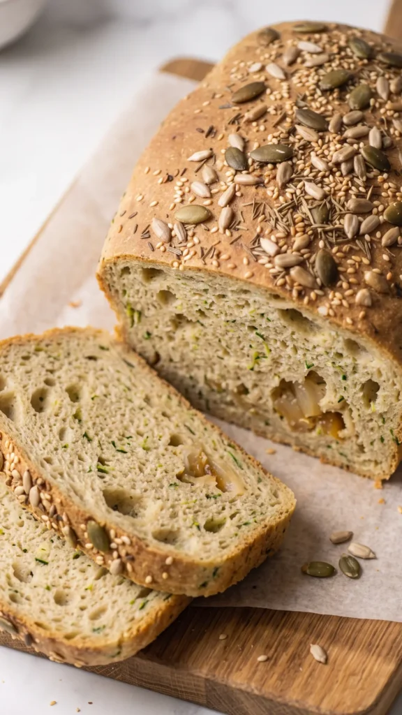 Nahaufnahme von Veganes Zucchini-Zwiebelbrot — Textur der Kruste mit Kernen und Thymian