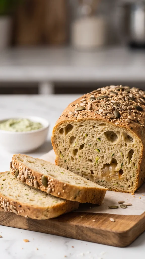 Veganes Zucchini-Zwiebelbrot serviert mit veganer Kräuter-Dip — gemütliche Kaffeetafelszene