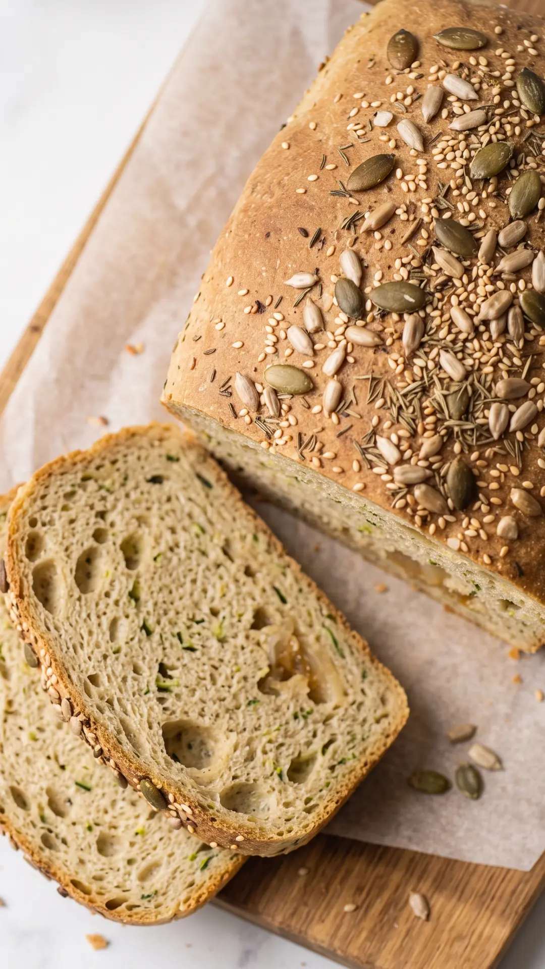 Veganes Zucchini-Zwiebelbrot frisch gebacken aus der Froschperspektive — goldbrauner Laib