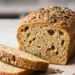 Veganes Zucchini-Zwiebelbrot frisch gebacken — krosse Kruste, aufgeschnittene Scheiben