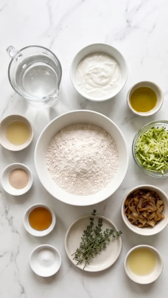 Zutaten für Veganes Zucchini-Zwiebelbrot: Dinkelmehl, Wasser, Hefe, Zucchini, Zwiebeln und Thymian