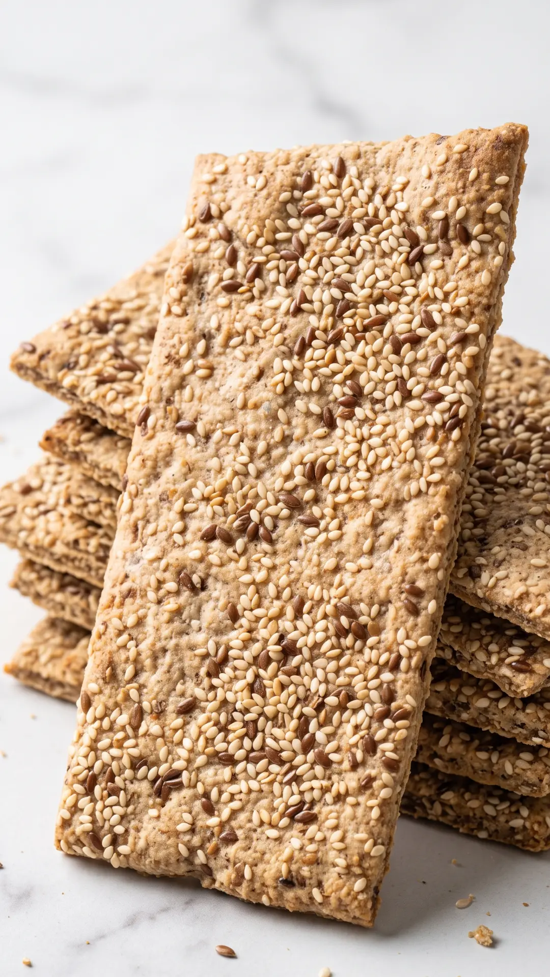 Sauerteig Cracker frisch gebacken aus der Froschperspektive — hauchdünne Struktur und dichte Saatenverteilung der Cracker