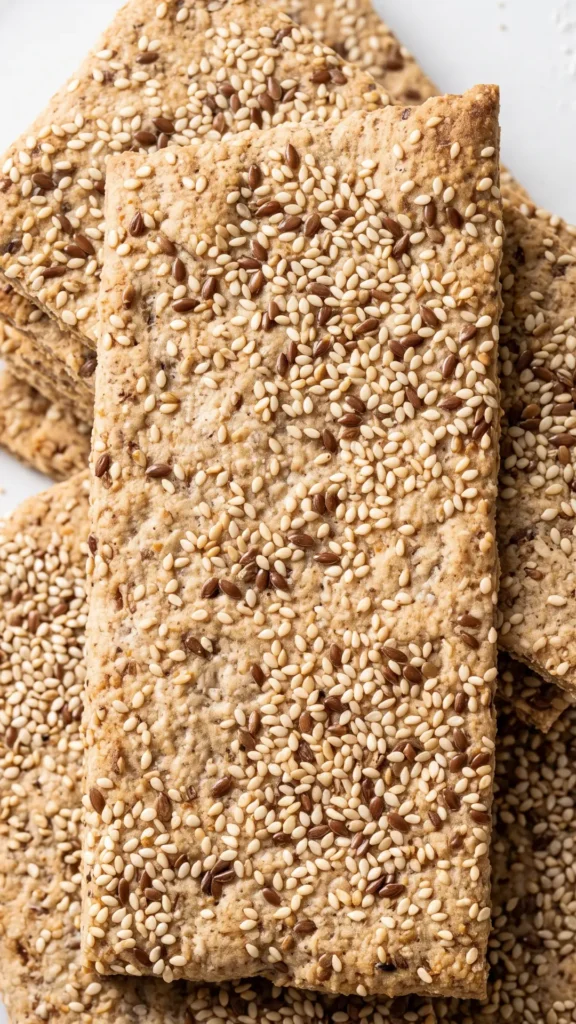 Nahaufnahme von Sauerteig Cracker — detailreiche Sicht auf die flache, matte Kruste voller Sesamsamen und Leinsamenpartikel