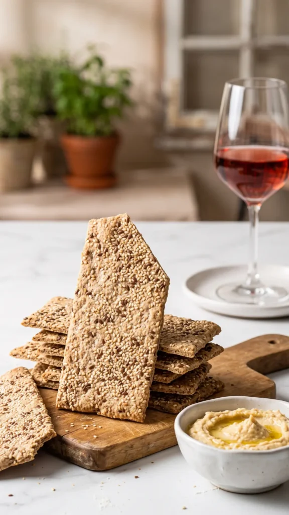 Sauerteig Cracker serviert mit gutes Glas Wein an einem lauen Sommerabend — knusprige Madre Bits auf weißem Marmor