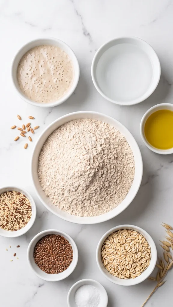 Zutaten für Sauerteig Cracker: Dinkel-Vollkornmehl, Sauerteig, warmes Wasser, Olivenöl, Sesam, Leinsamen und Haferflocken