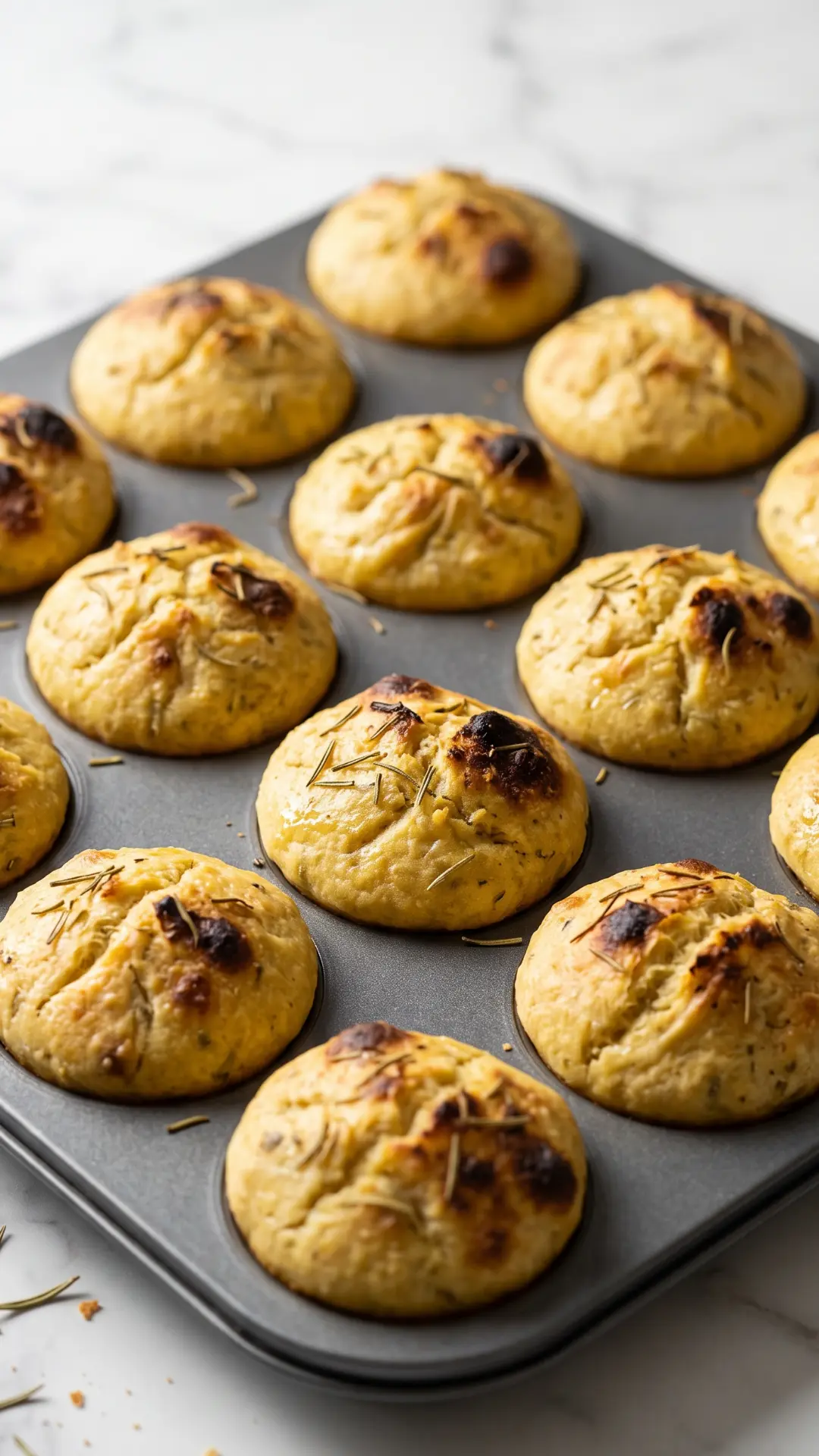 Sauerteig-Focaccia-Muffins frisch gebacken aus der Froschperspektive — markante Wölbung und knusprige Röststellen der Muffins