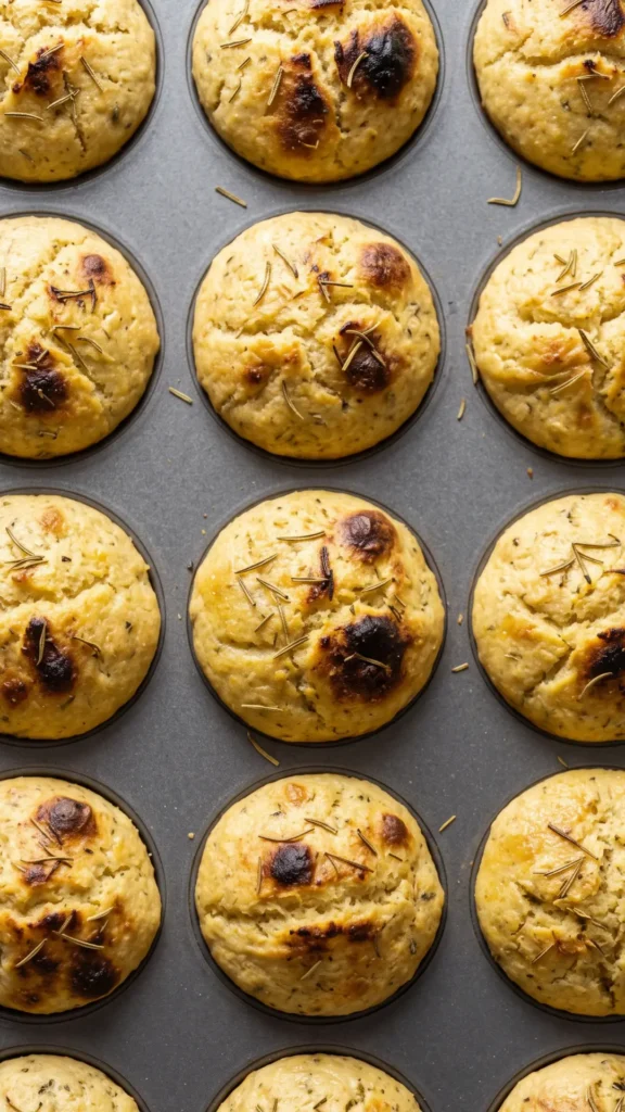 Nahaufnahme von Sauerteig-Focaccia-Muffins — Detailansicht der knusprigen Kruste mit dunklen Röststellen und Rosmarinnadeln