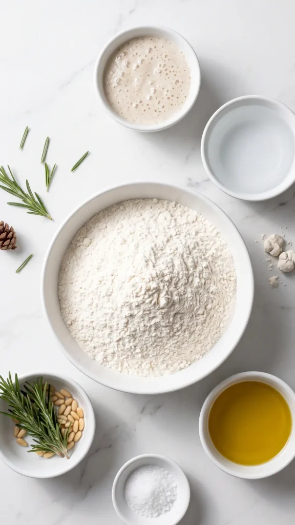 Zutaten für Sauerteig-Focaccia-Muffins: Pizzamehl, Wasser, aktiver Sauerteig, Olivenöl, Salz und frischer Rosmarin
