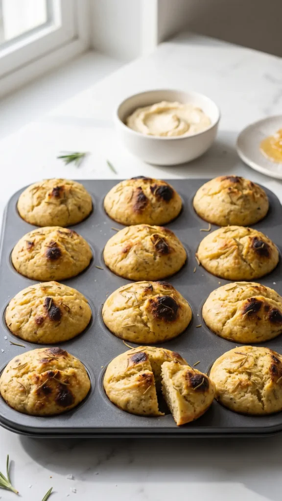 Sauerteig-Focaccia-Muffins serviert mit etwas Butter, Honig oder Cashewkäse — herzhaftes Gebäck auf edlem weißem Marmor