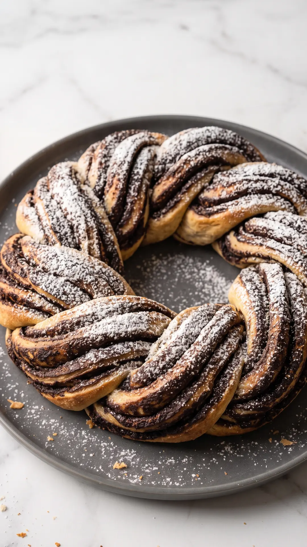 Sauerteig-Kranz mit Schokoladenfüllung frisch gebacken aus der Froschperspektive — beeindruckende Flechtoptik und Zuckerschicht