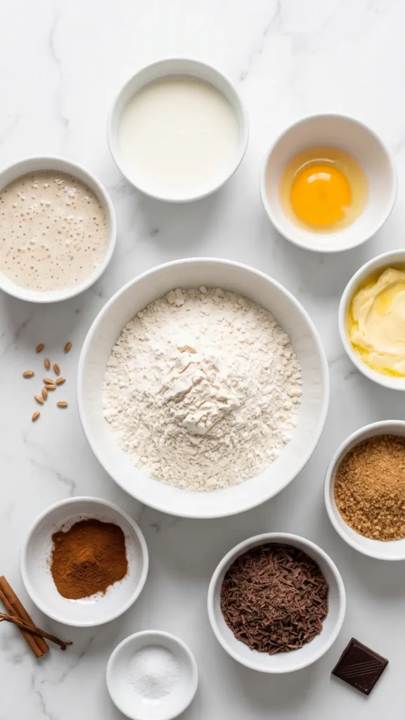 Zutaten für süßen Sauerteig-Kranz: Weizenmehl, Milch, aktiver Sauerteig, Eigelb, Butter, brauner Zucker, Schokolade und Zimt