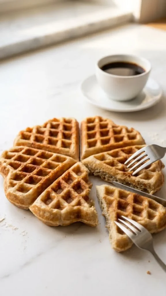 Sauerteig-Waffeln serviert mit frisch gebrühter, kräftiger Kaffee — angerichtet auf edler weißer Marmorfläche