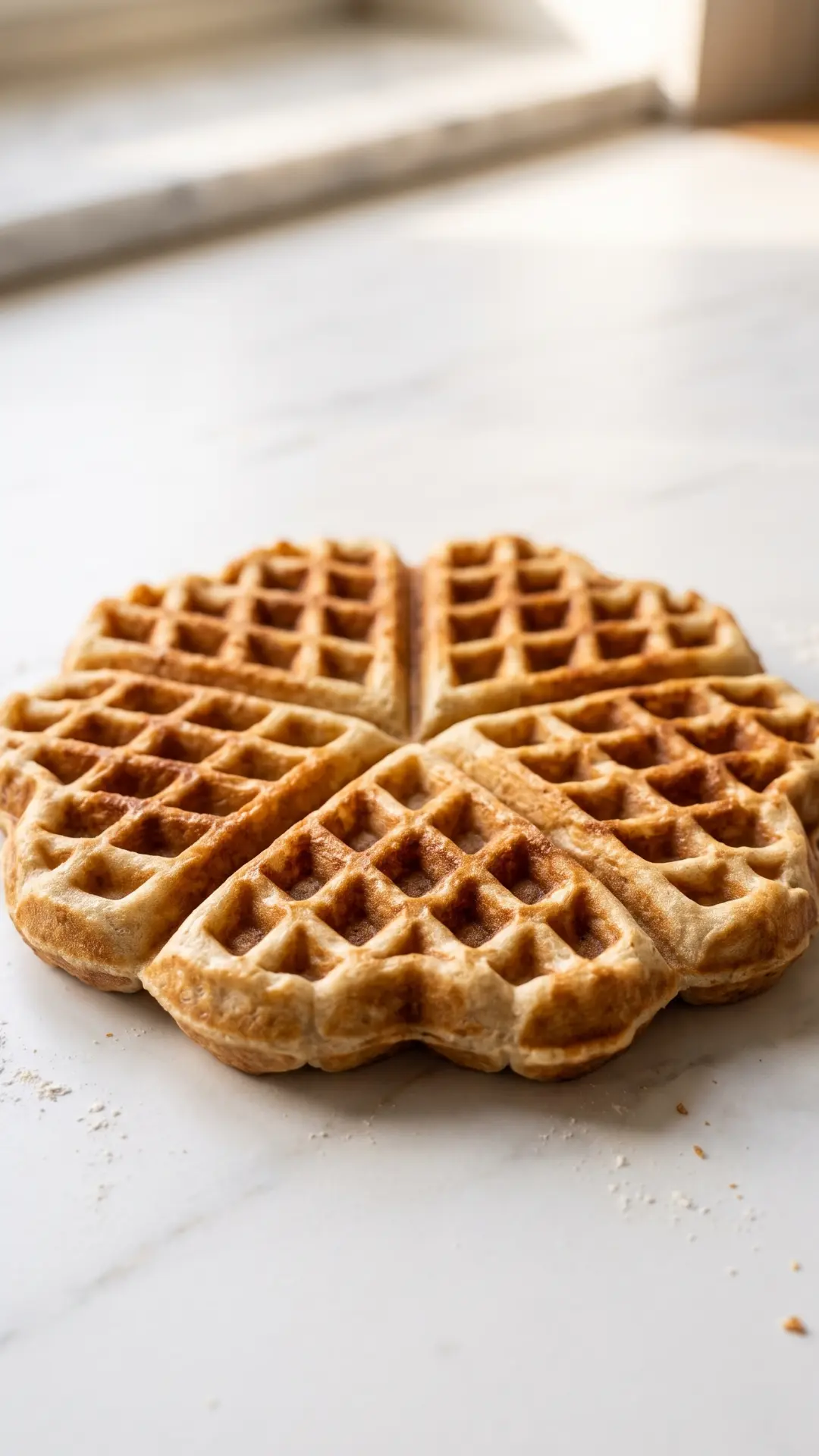 Sauerteig-Waffeln frisch gebacken aus der Froschperspektive — beeindruckende Gitterstruktur und Höhe der Waffel