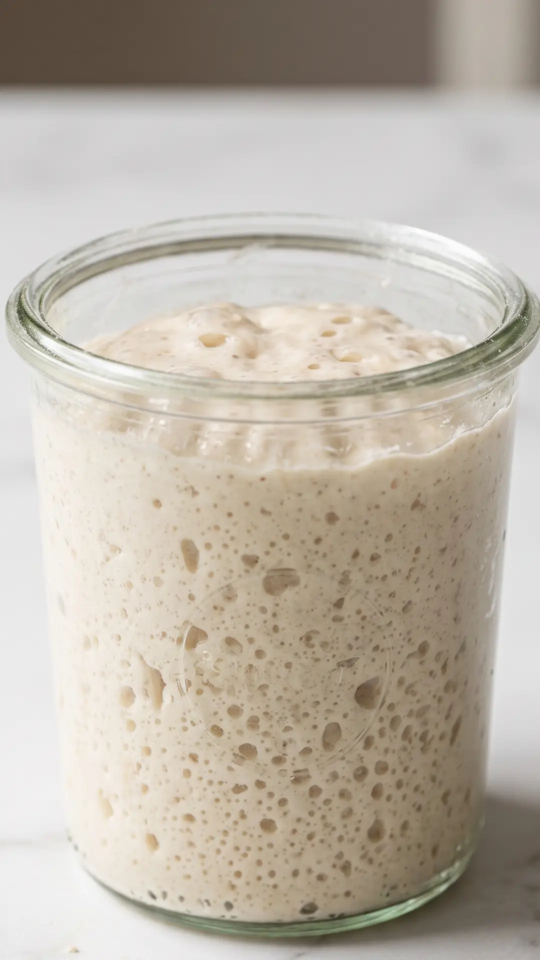 Sauerteig mit Apfelwasser frisch gebacken — aktiver, cremiger Weizensauerteig im Glas.