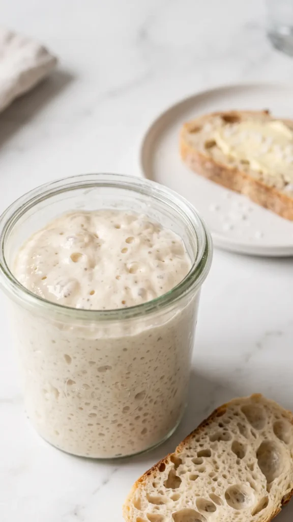 Aktiver Sauerteig mit Apfelwasser serviert mit frischem Dinkelbrot und Meersalzbutter.