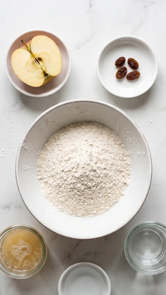 Zutaten für Sauerteig mit Apfelwasser: Weizenmehl, Bio-Apfel, Rosinen und Apfelwasser.