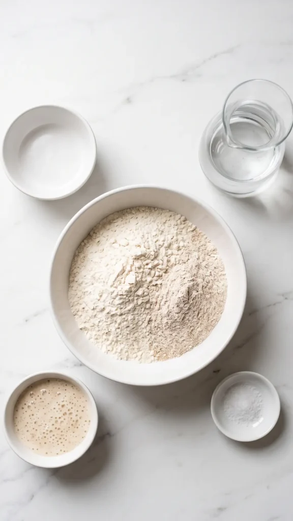 Zutaten für handwerkliches Sauerteigbrot: Weizenmehl, Roggenmehl, handwarmes Wasser, Sauerteig-Starter und Salz auf Marmor.