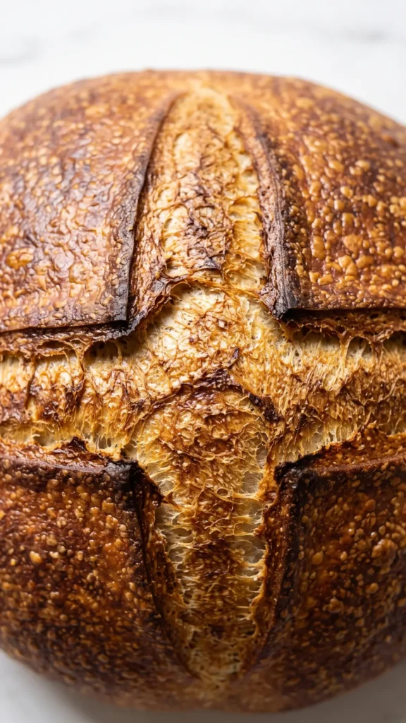 Nahaufnahme von Sauerteigbrot — detailreiche Struktur der krossen Kruste mit tiefem, kreuzförmigem Riss.