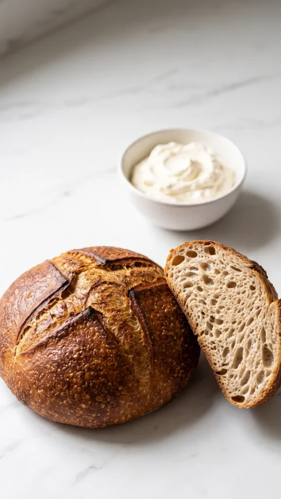Sauerteigbrot serviert mit Schlagsahne — eine ordentlich abgeschnittene Brotscheibe präsentiert die luftige, feuchte Krume.