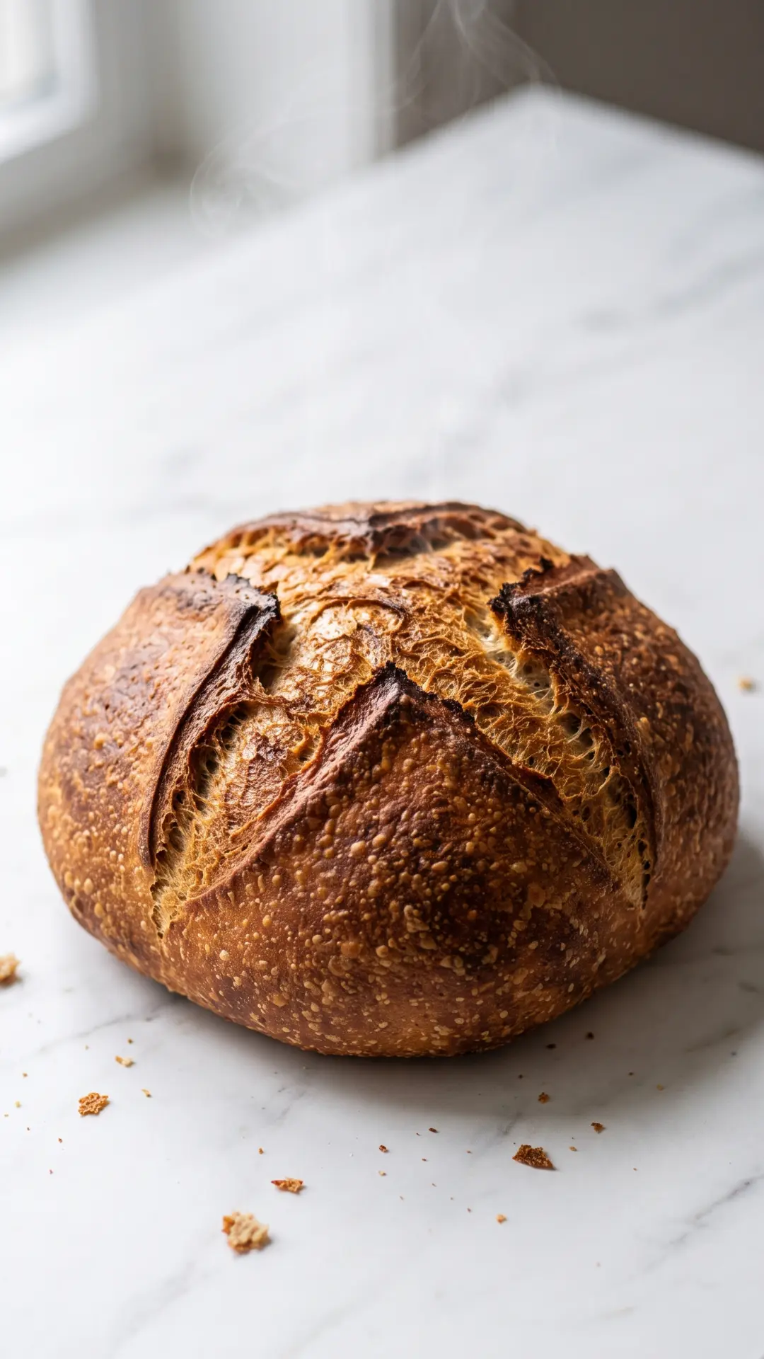 Sauerteigbrot frisch gebacken aus der Froschperspektive — plastische, extrem ansprechende Nahansicht des runden Brotlaibs.