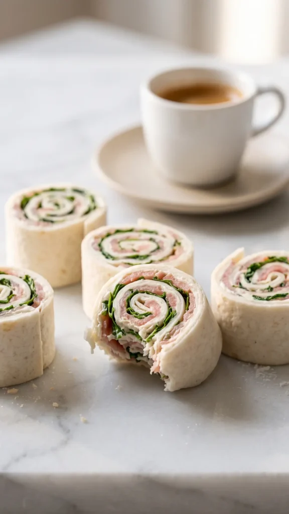 Wrap-Röllchen serviert mit Espresso — ansprechend präsentierte Fingerfood-Platte auf feinem weißen Marmoruntergrun.