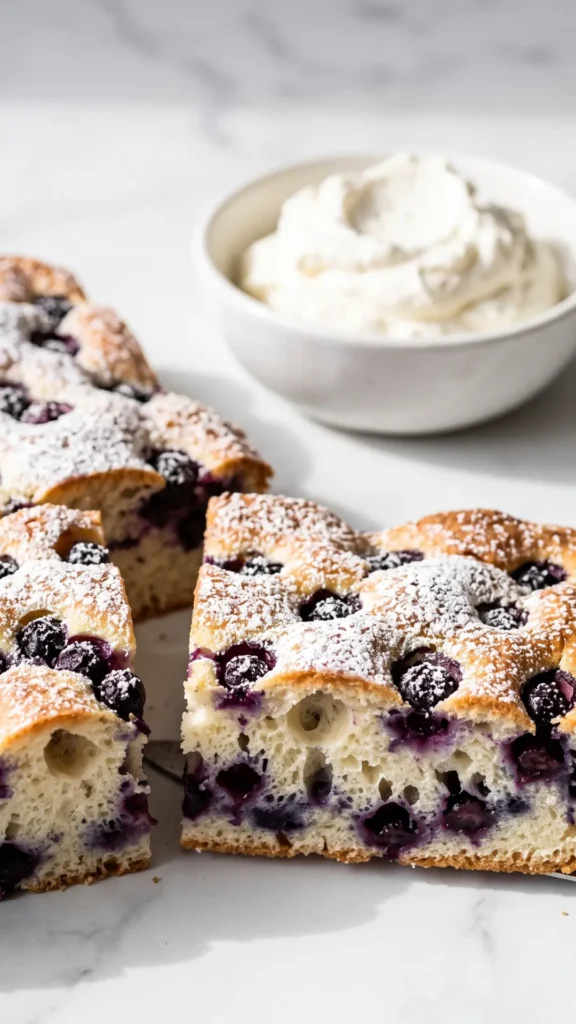Heidelbeerkuchen vom Blech serviert mit Schlagsahne — saftiger Schwarzbeerkuchen Anschnitt