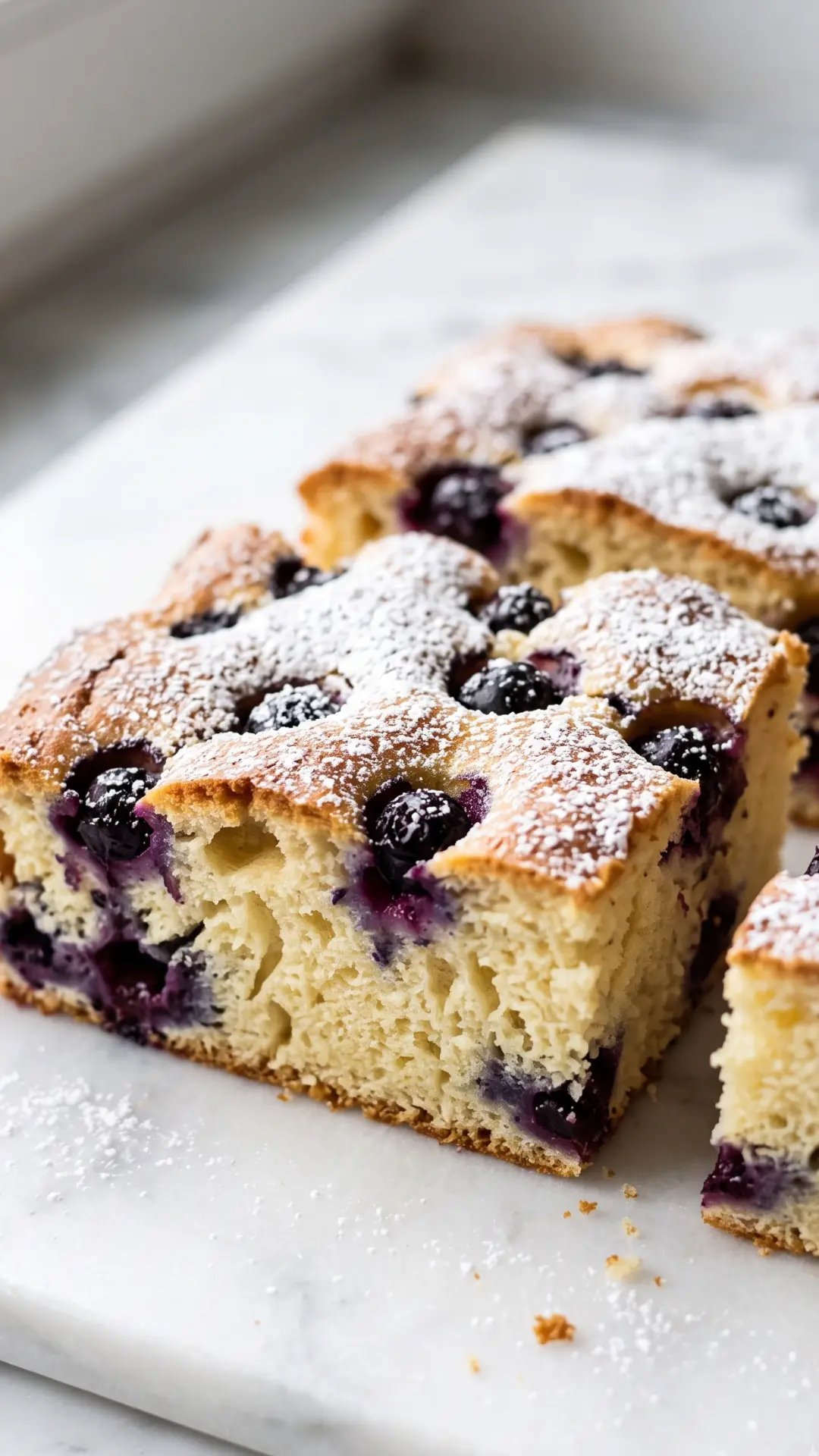 Schneller Heidelbeerkuchen aus der Froschperspektive — hohes Blechkuchenstück mit Heidelbeeren