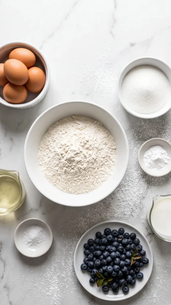 Zutaten für schnellen Heidelbeerkuchen: Mehl, Eier, Zucker, Öl, Milch, Backpulver und frische Schwarzbeeren