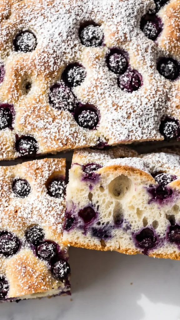 Nahaufnahme von Heidelbeerkuchen vom Blech — feine Puderzuckerschicht auf saftigen Schwarzbeeren