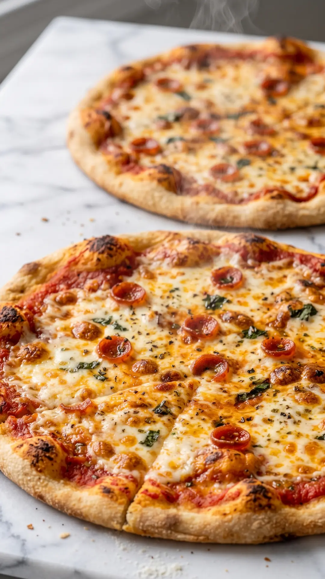 Sauerteig-Pizza frisch gebacken aus der Froschperspektive — plastische und ansprechende Ansicht der runden Steinofen-Pizza.