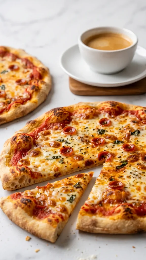 Sauerteig-Pizza serviert mit Espresso — ein abgeschnittenes Pizza-Stück offenbart den luftigen, perfekt ausgebackenen Rand.