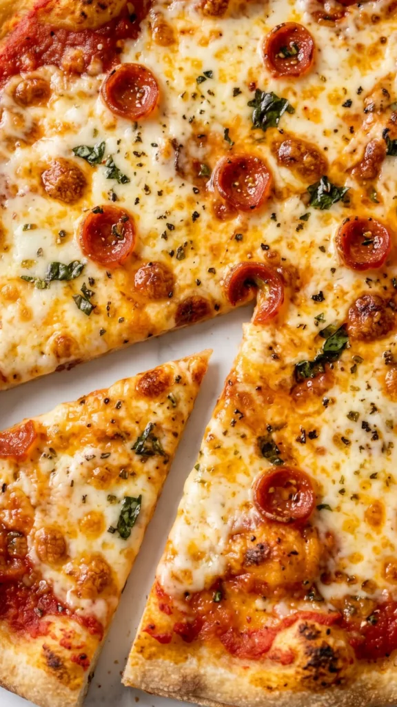 Nahaufnahme von Sauerteig-Pizza — detaillierte Struktur des geschmolzenen Käses und der Blasen auf der krossen Kruste.