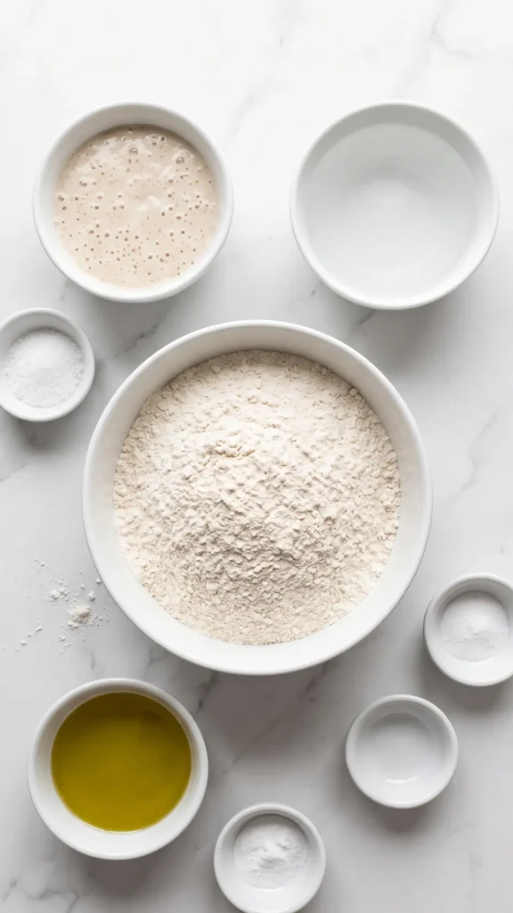 Zutaten für schnellen Sauerteig-Pizzateig: Mehl, Sauerteig-Starter, warmes Wasser, Olivenöl, Salz und Backpulver auf Marmor.