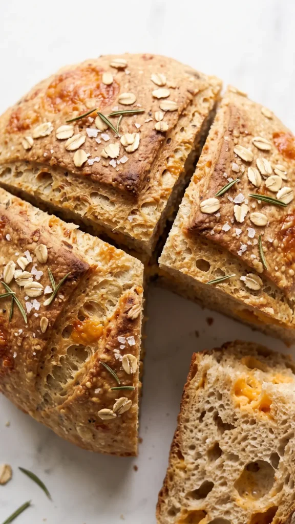 Makro-Nahaufnahme von hefefreiem Airfryer-Brot — goldbraune Haferflockenkruste mit Rosmarin und geschmolzenem Cheddar