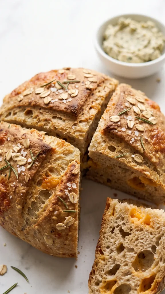 Ofenfrisches hefefreies Käsebrot aus dem Airfryer serviert mit Kräuterbutter — idealer Express-Snack