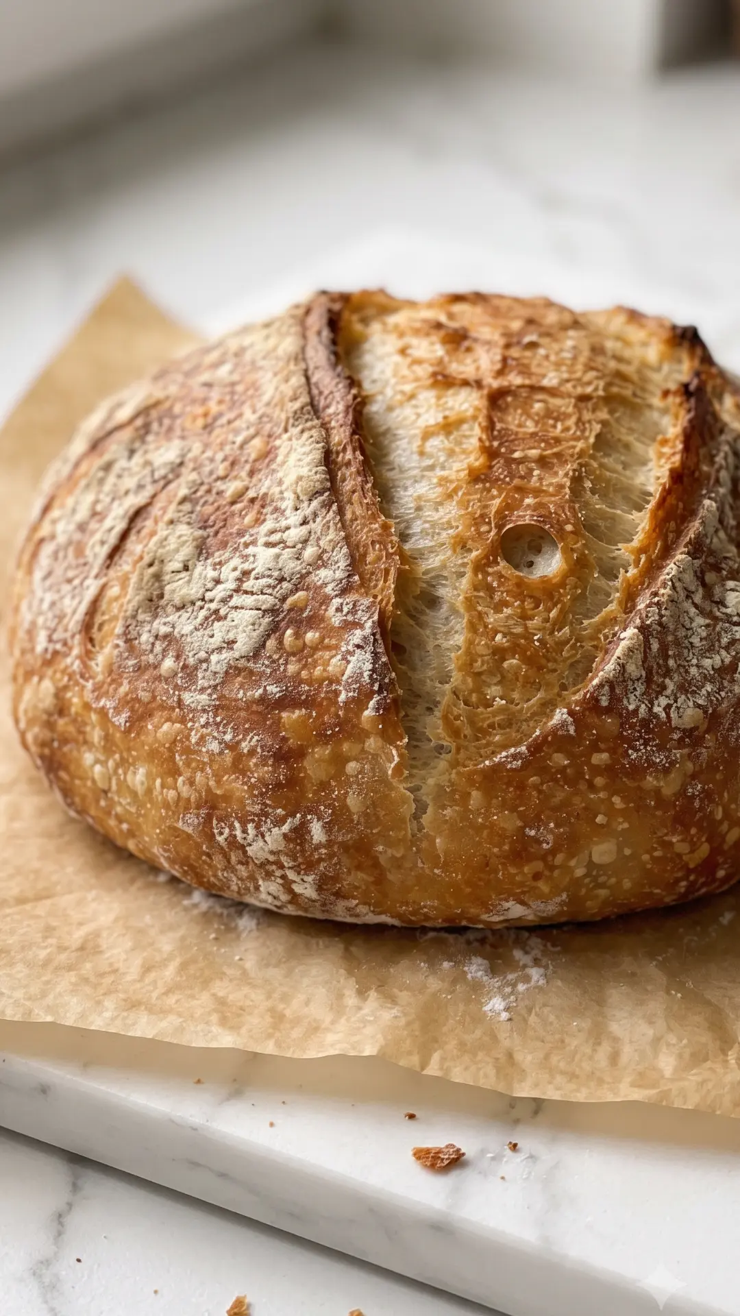 Schnelles Brot mit Trockenhefe frisch gebacken — knuspriges rundes Brot mit tiefen Einschnitten.