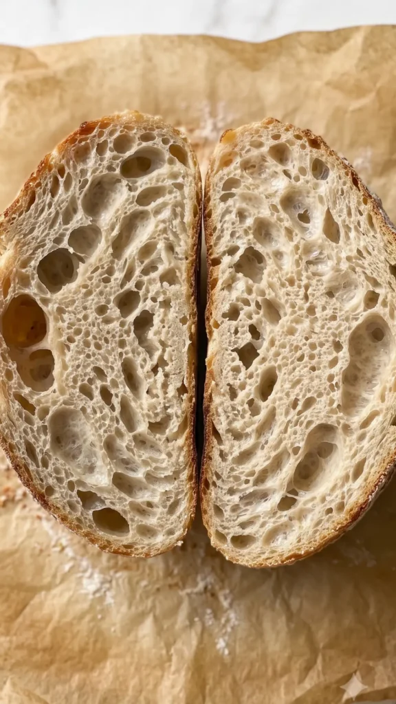 Nahaufnahme von Hefebrot — krosse goldbraune Kruste und mehlbestäubte Einschnitte.