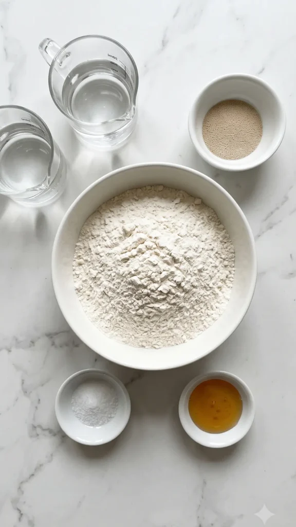 Zutaten für schnelles Brot mit Trockenhefe: Mehl, Trockenhefe, Salz und Honig.