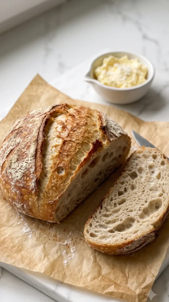 Hefebrot serviert mit geschlagener Meersalzbutter — frische Brotscheibe auf Backpapier.
