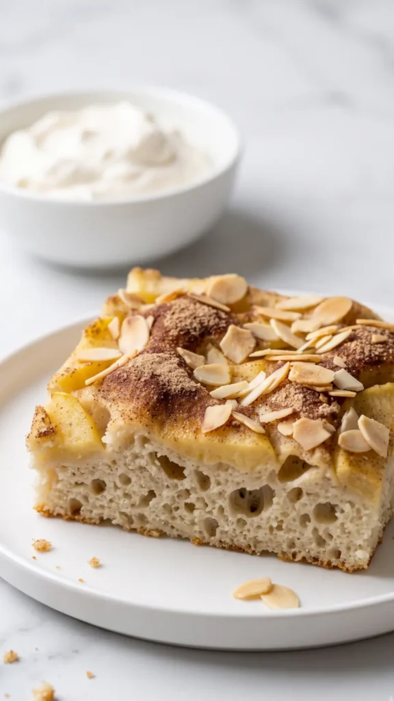 Apfelkuchen mit Sauerteig serviert mit Schlagsahne — traditionelles Kuchenstück auf weißem Teller