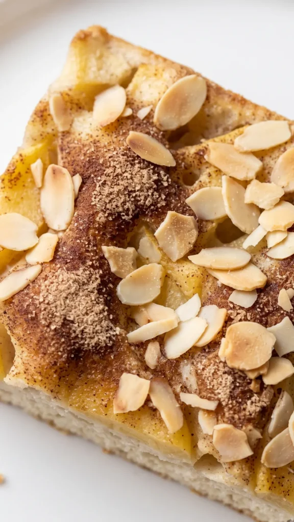 Nahaufnahme von Apfelkuchen mit Sauerteig — saftige Apfelspalten mit knusprigen Mandelblättchen