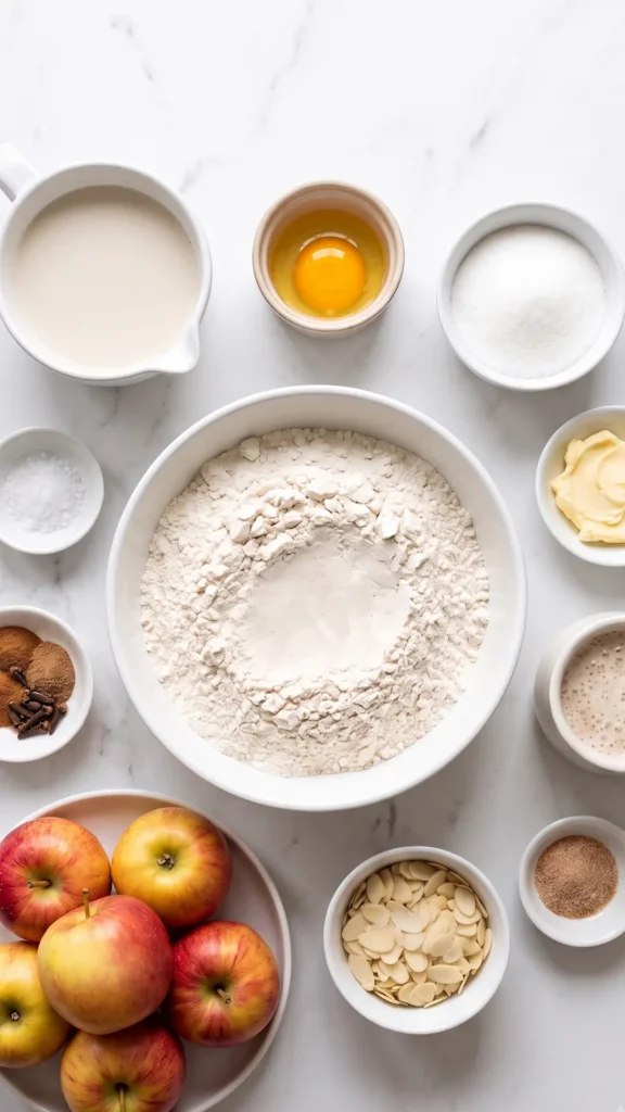 Zutaten für Apfelkuchen mit Sauerteig: Mehl, Pflanzendrink, Sauerteig, Äpfel, Mandelblättchen und Zimtzucker