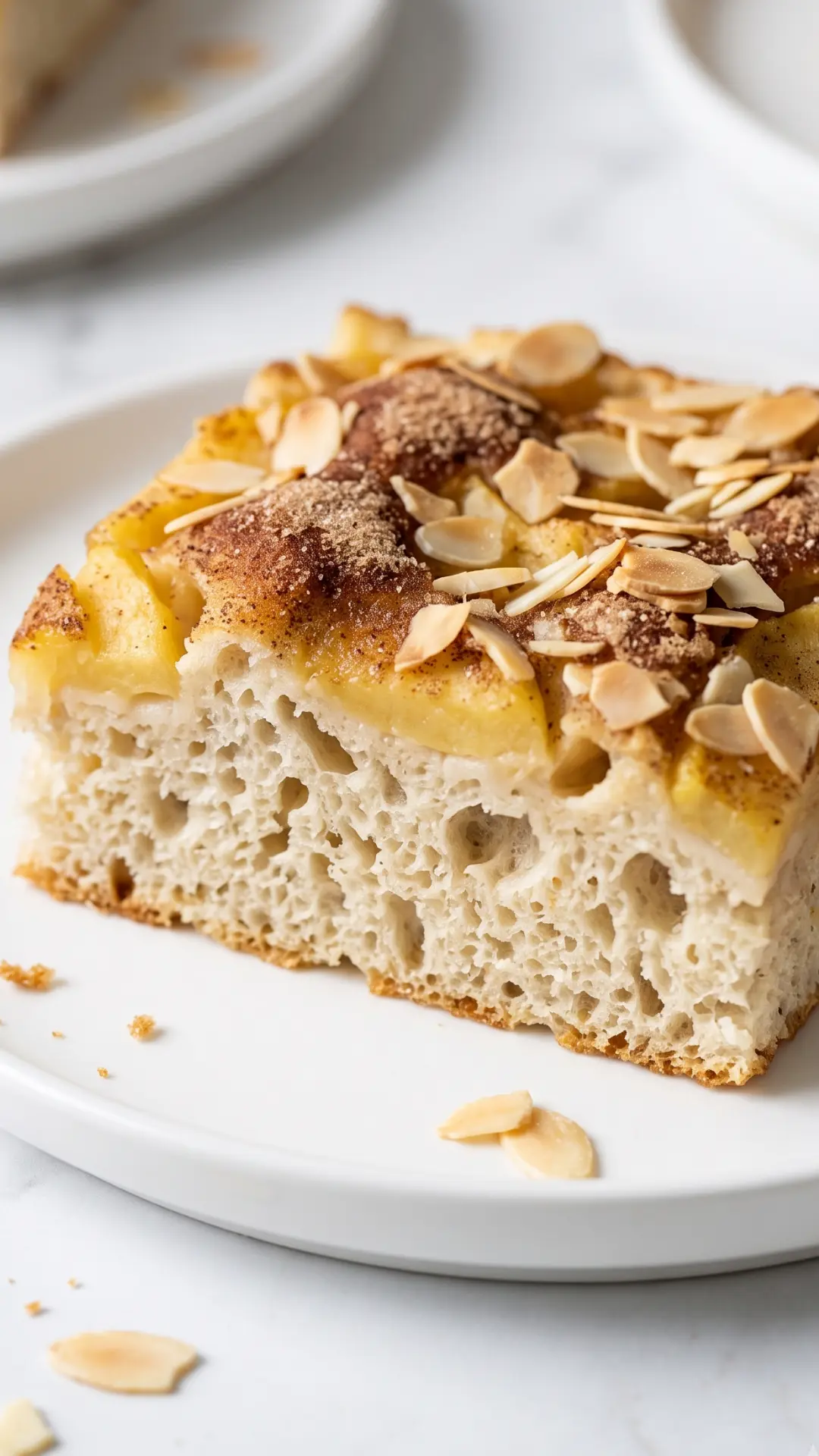 Sauerteig-Apfelkuchen aus der Froschperspektive — hohes Blechkuchenstück mit Zimt-Mandel-Topping