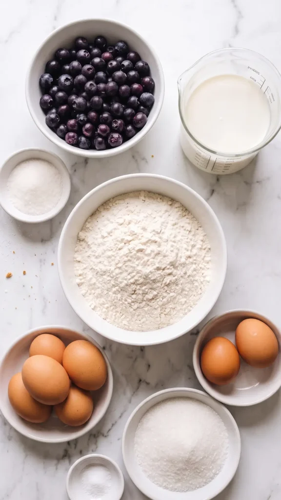 Zutaten für Hoiber Datschi Heidelbeer-Auflauf: Weizenmehl, frische Heidelbeeren, Eier, Milch und Zucker