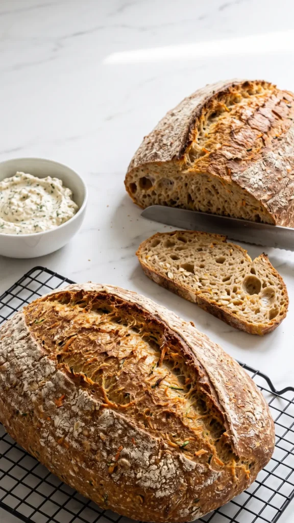 Saftiges Zucchini-Karottenbrot serviert mit Kräuterquark — angeschnittenes Kastenbrot auf Marmor