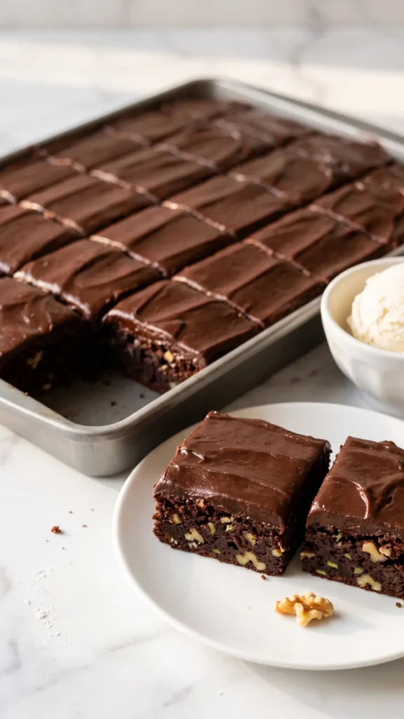 Zucchini Brownie Quadrate serviert auf einem Kuchenteller mit einer Kugel cremiger Vanilleeis — Schokotraum