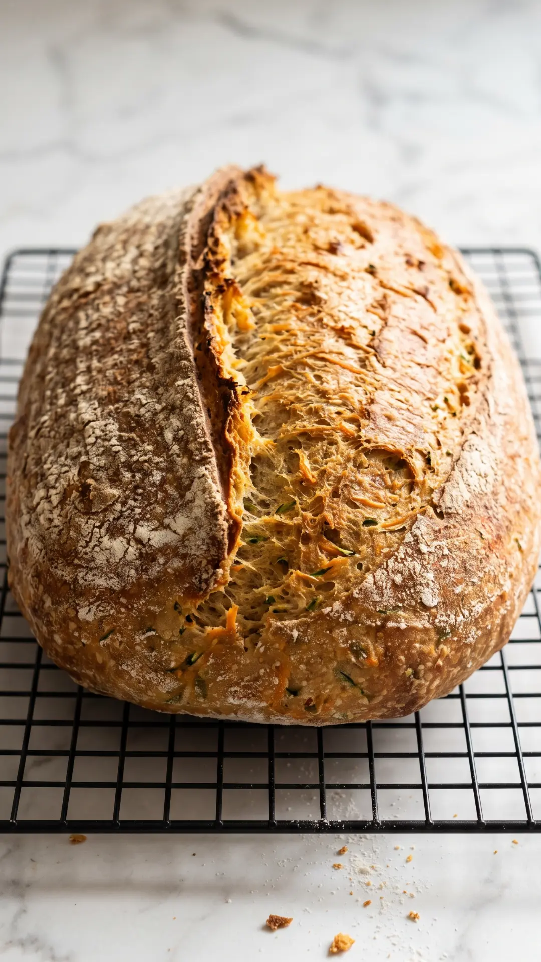 Zucchini-Karottenbrot aus der Froschperspektive — rustikaler Laib mit kräftigem Ausbund